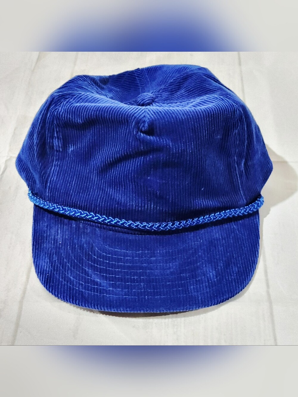 Vintage 80s/90s Nissin Blue Corduroy Braided Rope Trim Hat